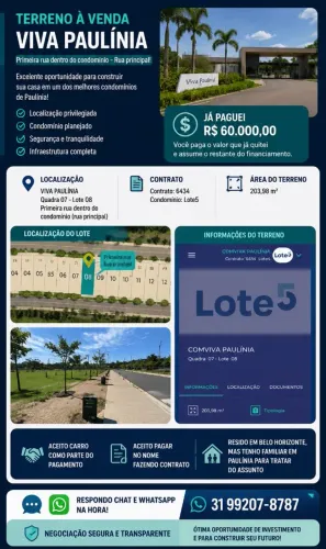 TERRENO À VENDA - COMVIVA PAULÍNIA
