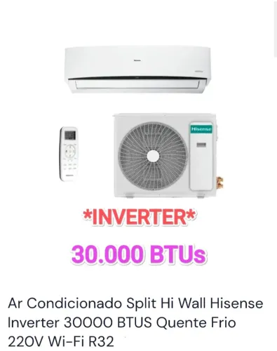 Ar Split Hisense INVERTER 30.000 BTUs + Novo + Nota + Quente e Frio + 1 Ano Garantia
