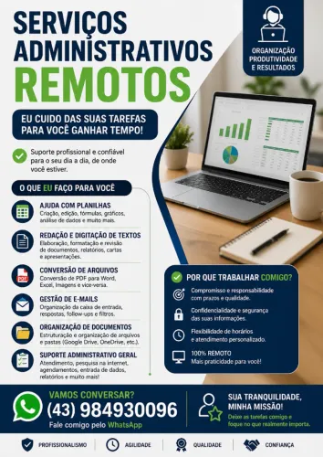 Serviços Administrativos Remotos | Planilhas, PDFs, Textos e E-mails
