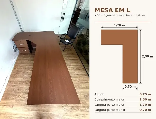 Mesa de Escritório Executiva Premium em L e em MDF com 2 Gaveteiros e Chave e rodizios