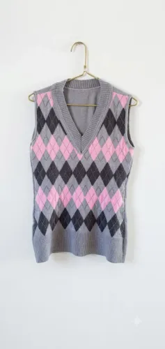colete feminino escocês cinza e rosa p