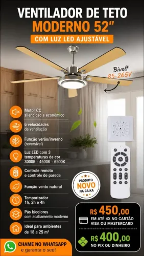 Ventilador de Teto 52" Bivolt Motor CC LED Controle Remoto Novo