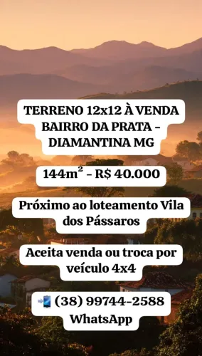 Lote 12x12 A Venda No Bairro Prata Diamantina MG. Próx ao loteamento Vila Dos Pássaros 