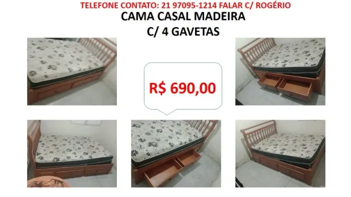 Cama de Casal Madeira Maciça c/ colchão 4 gavetas