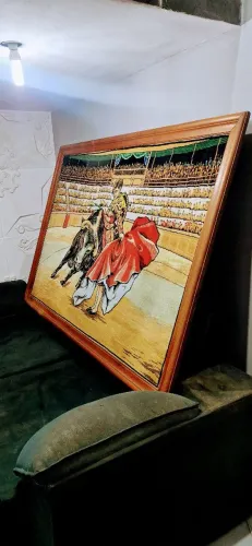 Quadro Grande Vintage Anos 70 - Tapeçaria Toureiro Emoldurado 
