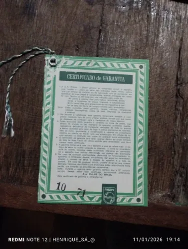Relíquia - certificado de garantia Philips 1971 original
