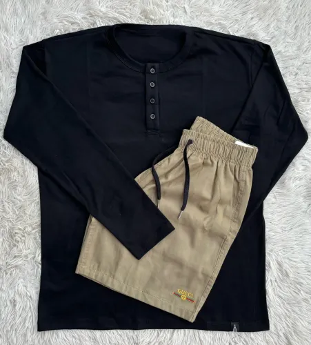 Kit Camisa Preta e Shorts Sarja Bege 