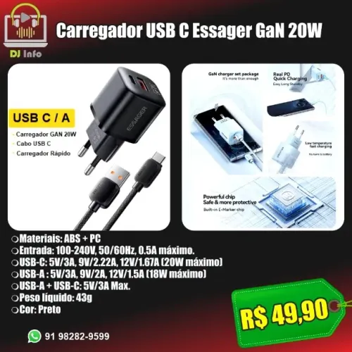 Carregador USB C Essager GaN 20W