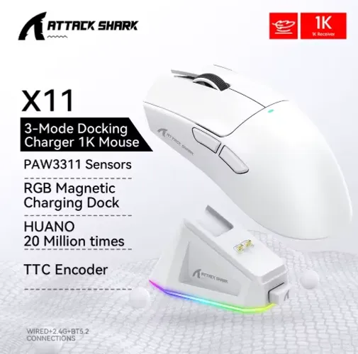 Attack Shark X11 - Mouse Gamer Ultra Leve, Bluetooth, e Carregamento Magnético