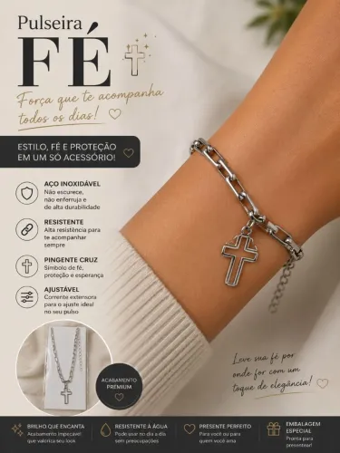 Pulseira Fé Cruz Aço Inoxidável Ajustável - Resistente à Água Não Escurece