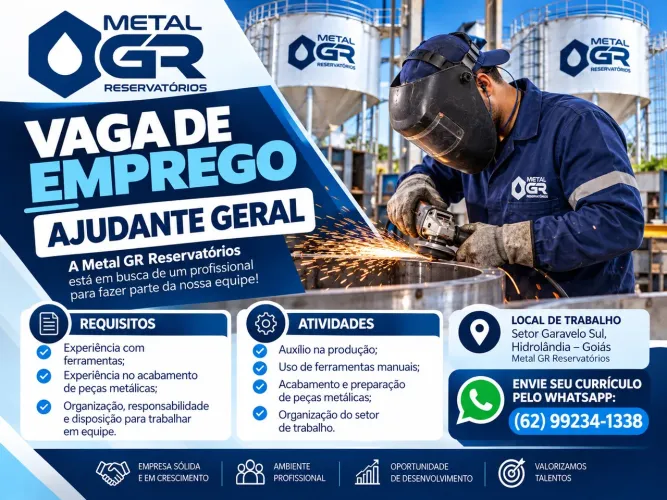 VAGA DE EMPREGO - AJUDANTE GERAL | METAL GR RESERVATÓRIOS