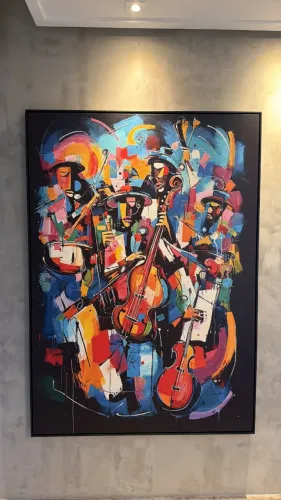 Quadro Decorativo Grande Moderno Abstrato Banda de Jazz com Moldura