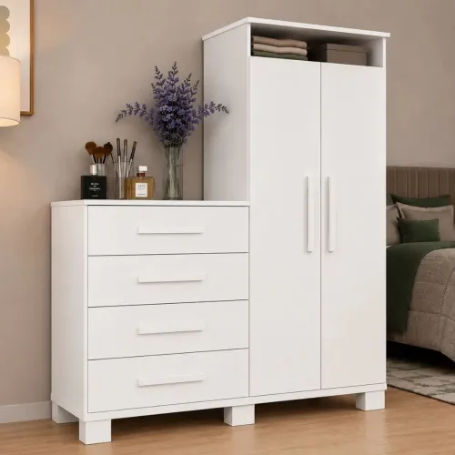 Cômoda 2 Portas Com Puxadores em MDF 4 Gavetas Rodial Pampa C/ Pés - Branco 