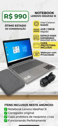 Notebook Lenovo IdeaPad 3i | 128GB | C/ Capa Brinde e Espaço para Exp