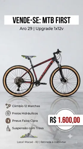 MTB First Shelby preta e vermelha Aro 29 | Tam 17 | 1x12v | Pneus Faixa Clara