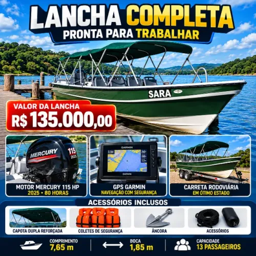 LANCHA PARA TURISMO COMPLETA MOTOR MERCURY 115HP + CARRETA+GPS+COLETES