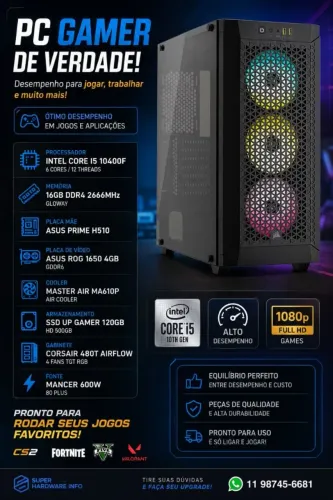 PC Gamer Intel Core i5 10400F + GTX 1650 4GB - Pronto para Jogar!