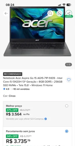 Notebook Acer Aspire Go 15 - i5 13ª Geração | Excelente Estado