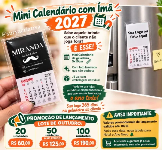 Mini Calendário 2027 com Ímã para Geladeira Personalizado