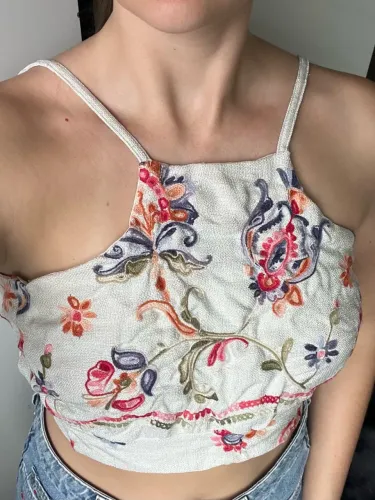 Cropped Floral Estampado com Babado - Tam. P