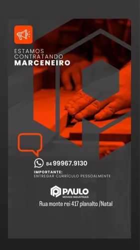 ? VAGA ABERTA - MARCENEIRO  Estamos contratando Marceneiro para integrar nossa equipe!