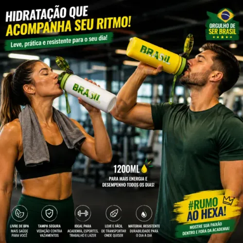 Garrafa Squeeze Do Brasil 1200ML Academia Futebol Copa Água BPA Free