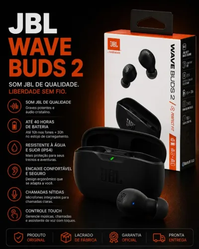 Fone JBL Wave Buds 2 TWS Com Até 40 Horas de Autonomia