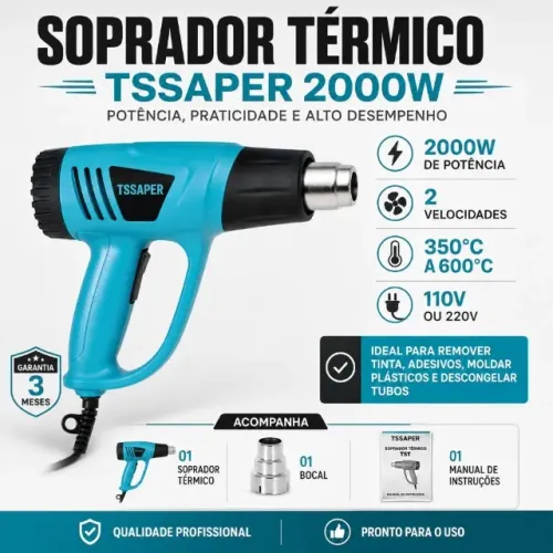 Soprador Térmico Pistola 2000W Ar Quente 2 Velocidades modelo Profissional Tssaper 220V