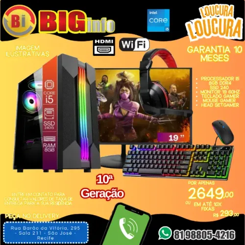Computador, Core I5-10400 2.90GHZ, 10o Geração,, 8GB DDR4, SSD 240GB - Em ate 10x Fixas