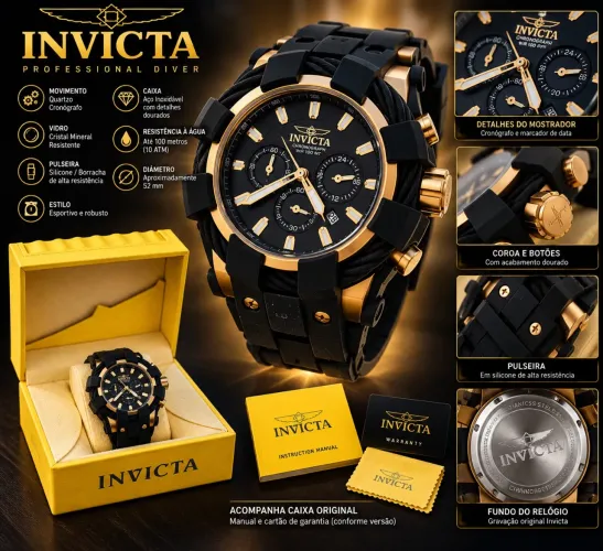 Relógio Invicta Masculino Original com Caixa - Esportivo Preto e Dourado