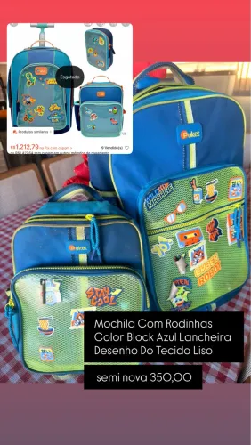Mochila PUKET Com Rodinhas Color Block Azul Lancheira Desenho Do Tecido Liso