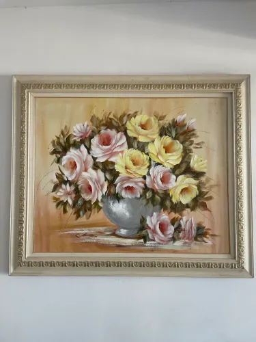 Quadro Clássico Pintura Óleo Sobre Tela - Vaso de Rosas com Moldura