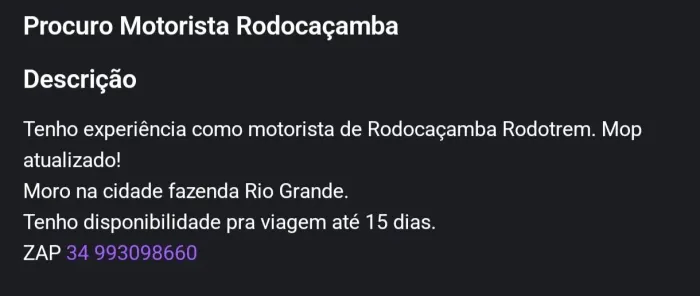 Motorista Rodo caçamba disponível