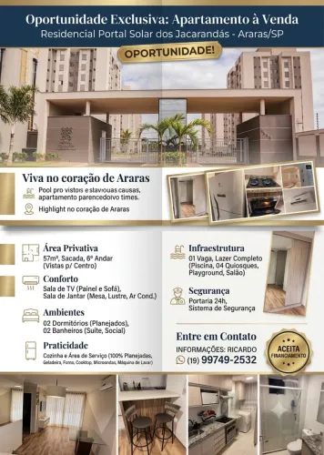 Vendo apartamento Portal Solar dos Jacarandás, atrás Senai, Araras/SP
