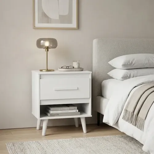 Criado-Mudo Mesa de Cabeceira Retrô Branco 50cm com Gaveta
