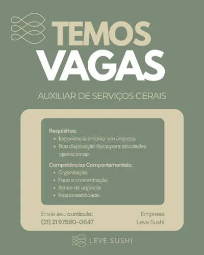 Auxiliar de Serviços Gerais - Barra / Recreio - Leve Sushi