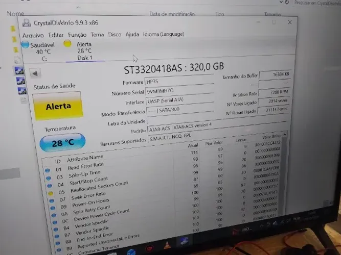 HD interno com alerta amarelo. !!!Não entrego!!!