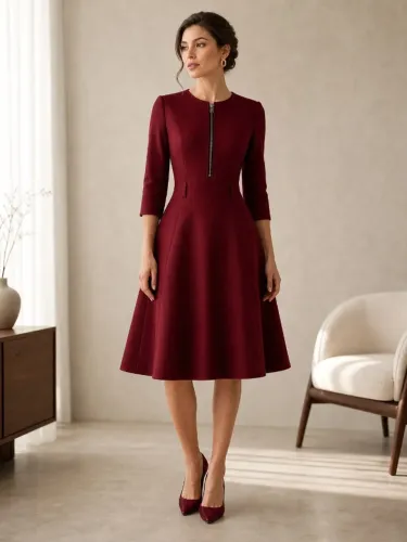 Vestido Vinho Elegante CBR Boutique - Novo com Zíper Frontal e Manga 3/4