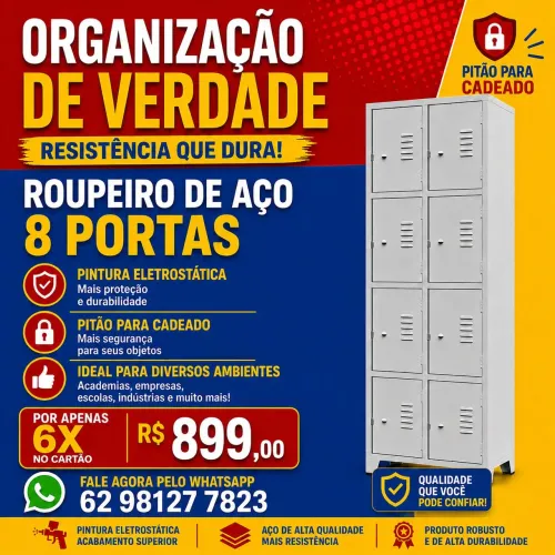 Roupeiro de aço GRA 8 portas em 6x no cartão