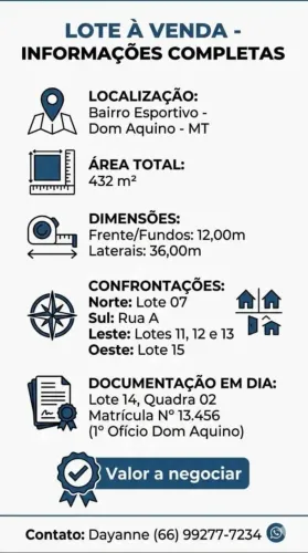 Oportunidade Única em Dom Aquino! Terreno Grande no Bairro Esportivo.