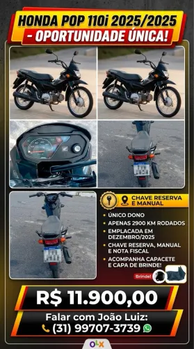 Honda Pop 110 ES, ano/modelo 2025/2025, em estado de zero km