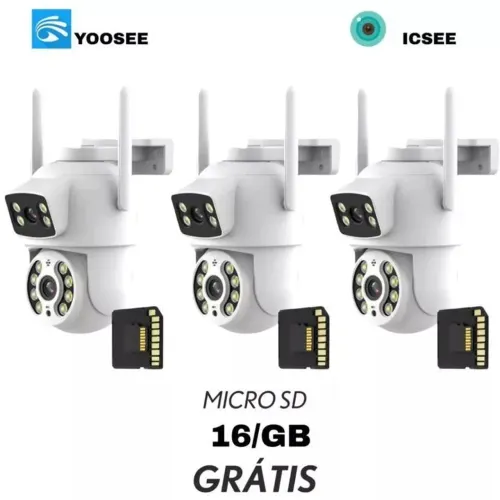 KIT3 Câmera De Segurança Lente Dupla IP66 Wi-Fi 360° Sensor Movimento Visão Noturna 16GB