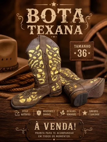 Bota Texana Bordada Marrom/Dourada - Tamanho 36 - Ótimo Estado