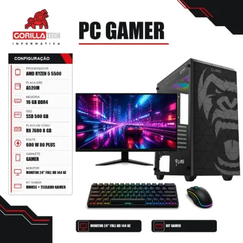 PC Gamer Completo Ryzen 5 5500 RX 7600 8 GB 16GB SSD + Monitor - Gorilla Tech