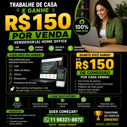 Vaga Home Office - Consultor(a) de Vendas | Ganhe R$ 150 por Venda