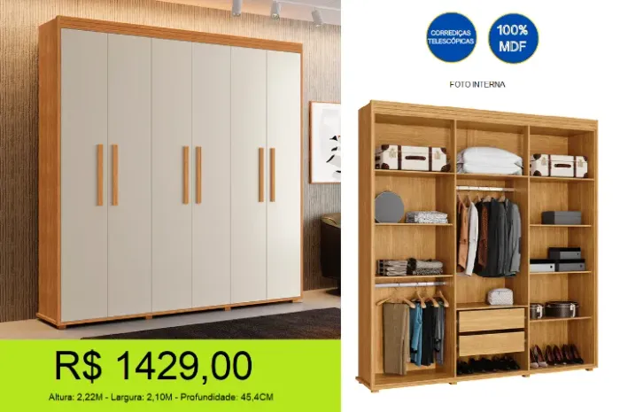 Roupeiro 6 portas em MDF - Praticidade e muita elegancia