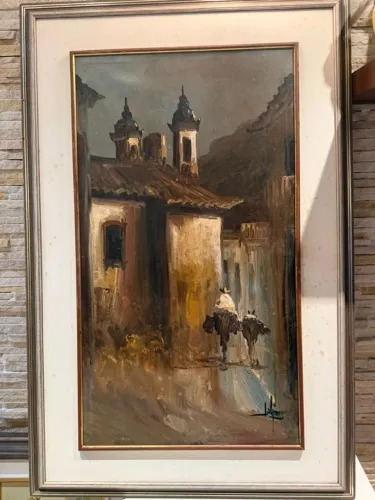 Quadro a óleo grande - cena colonial / estilo Ouro Preto - com moldura
