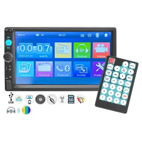 Dvd 2 Din 7" 4x45w Rms Sem Leitor Dvd Com Usb Auxiliar Bluetooth Mini Sd Tela Touch Screen