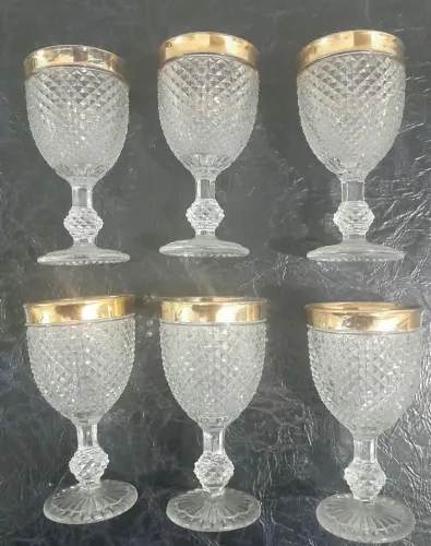 6 Taças de Cristal Bico de Jaca - FILETAÇÃO EM OURO *Anos 50 *Vintage - Luxo