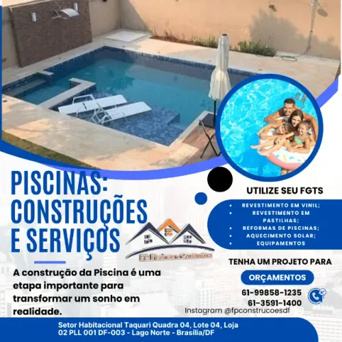 Construção de Piscinas em Vinil ou pastilhas. Solicite orçamento detalhado.
